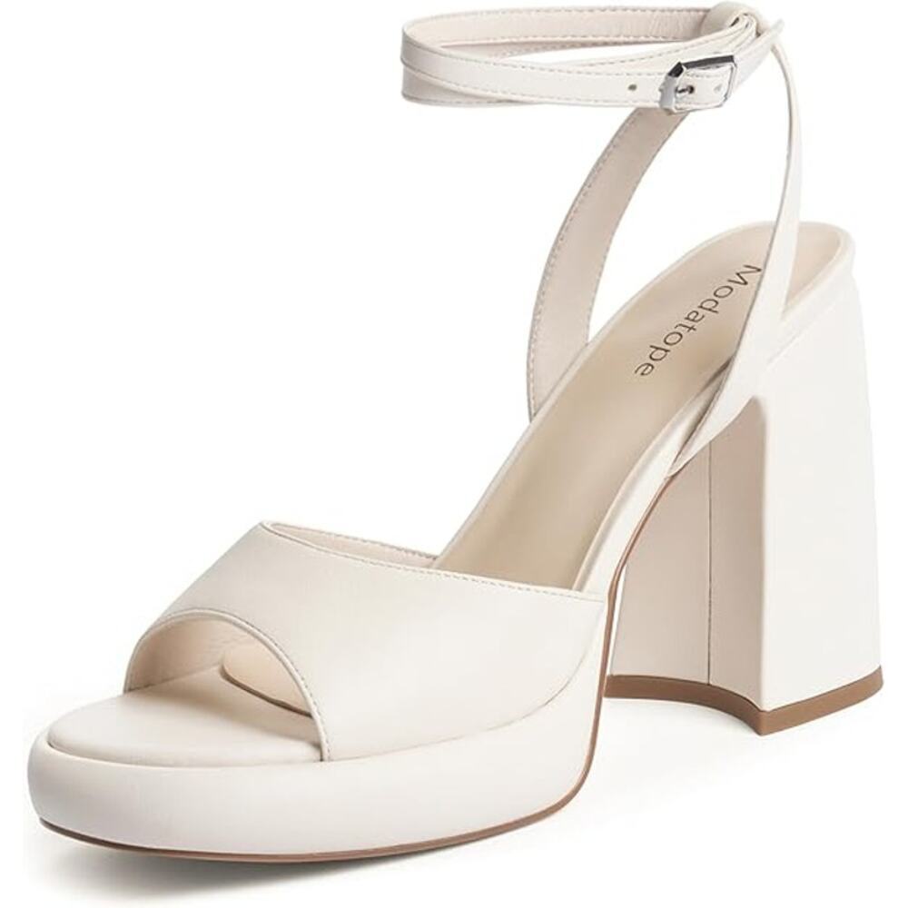 NEW Platform Heels Sandal Women Chunky Heel, Open Round Toe Ankle Strap White